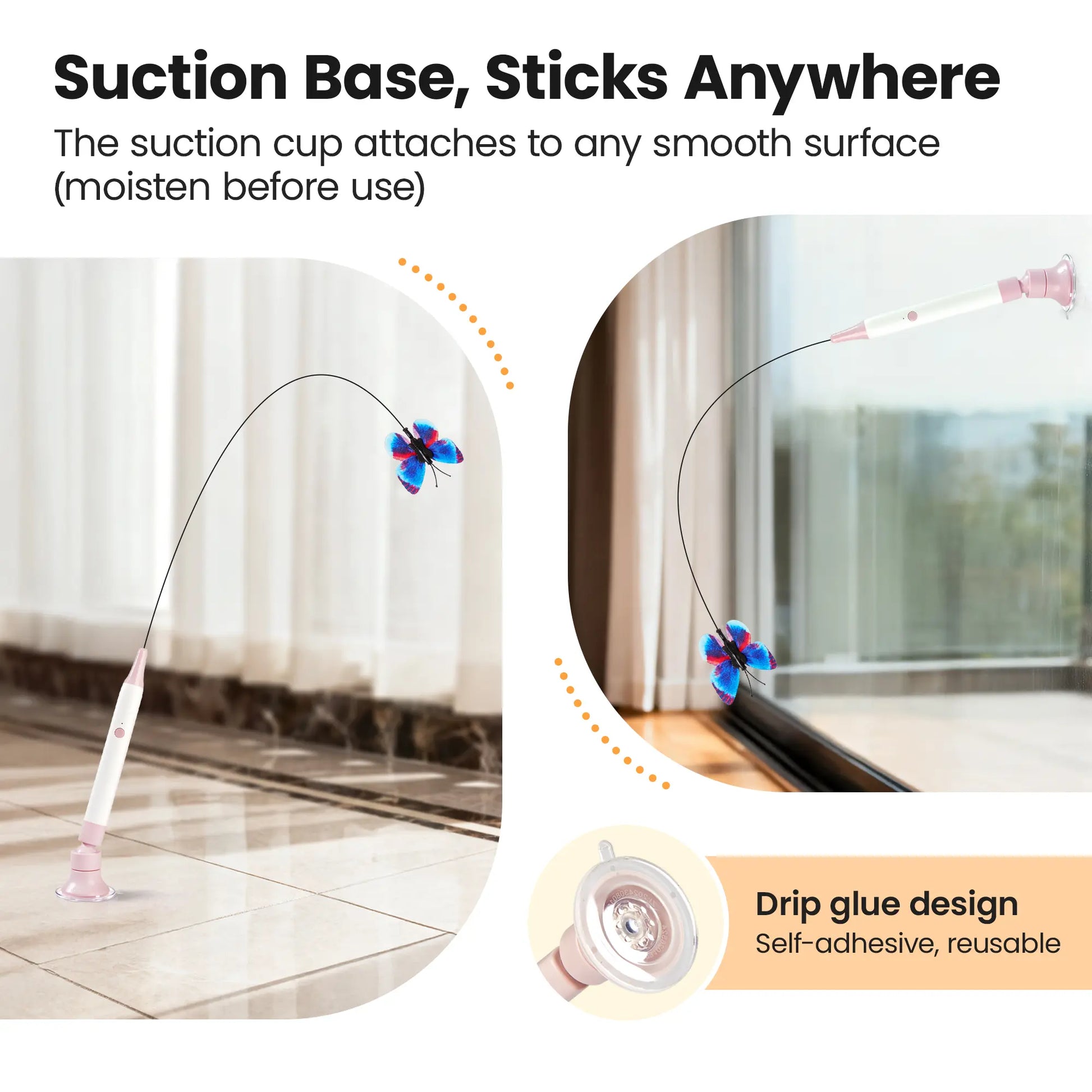 Potaroma Touch-Activated Rechargeable Electric Butterfly Cat Wand - Interactive USB Toy with Suction Cup for Cats and Kittens