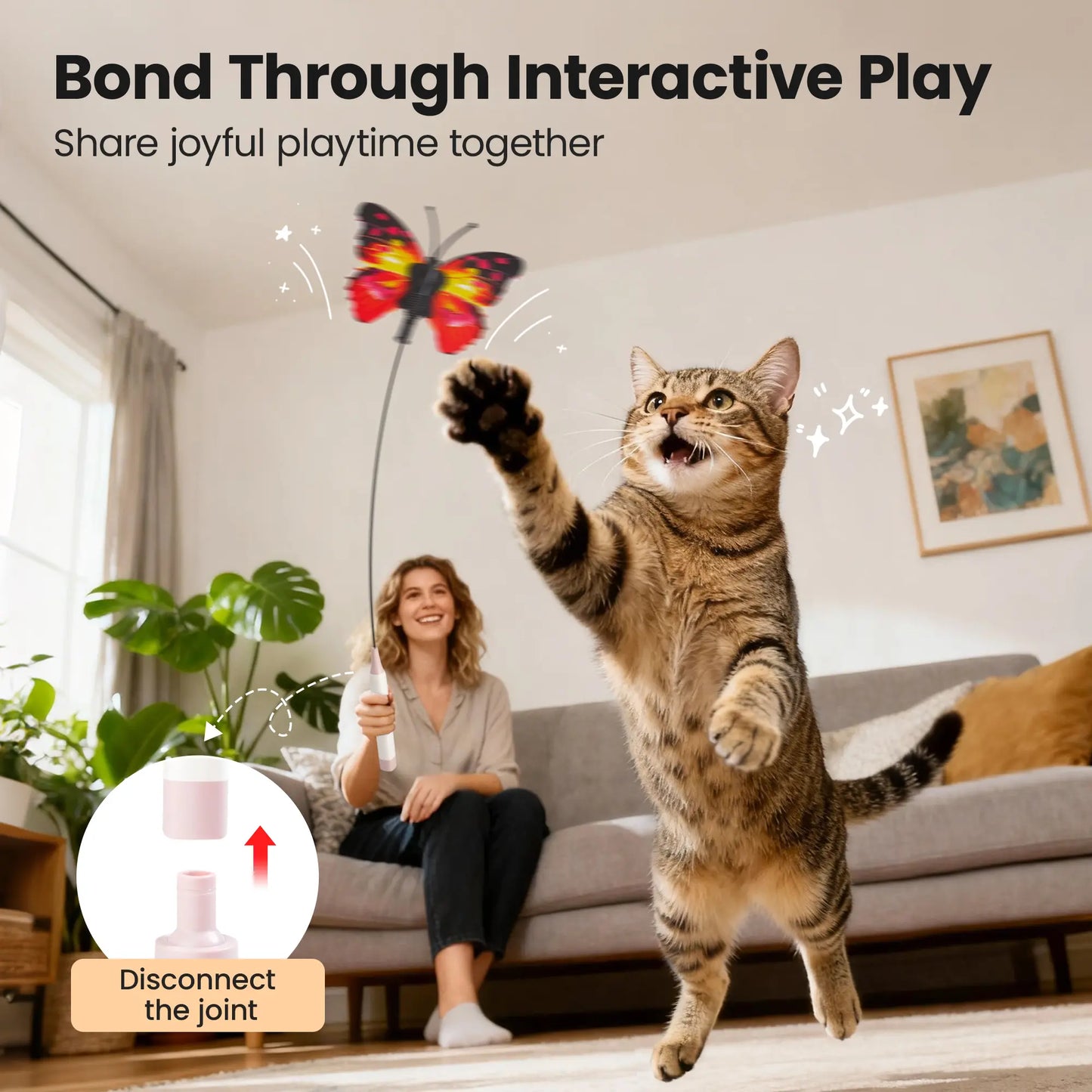 Potaroma Touch-Activated Rechargeable Electric Butterfly Cat Wand - Interactive USB Toy with Suction Cup for Cats and Kittens