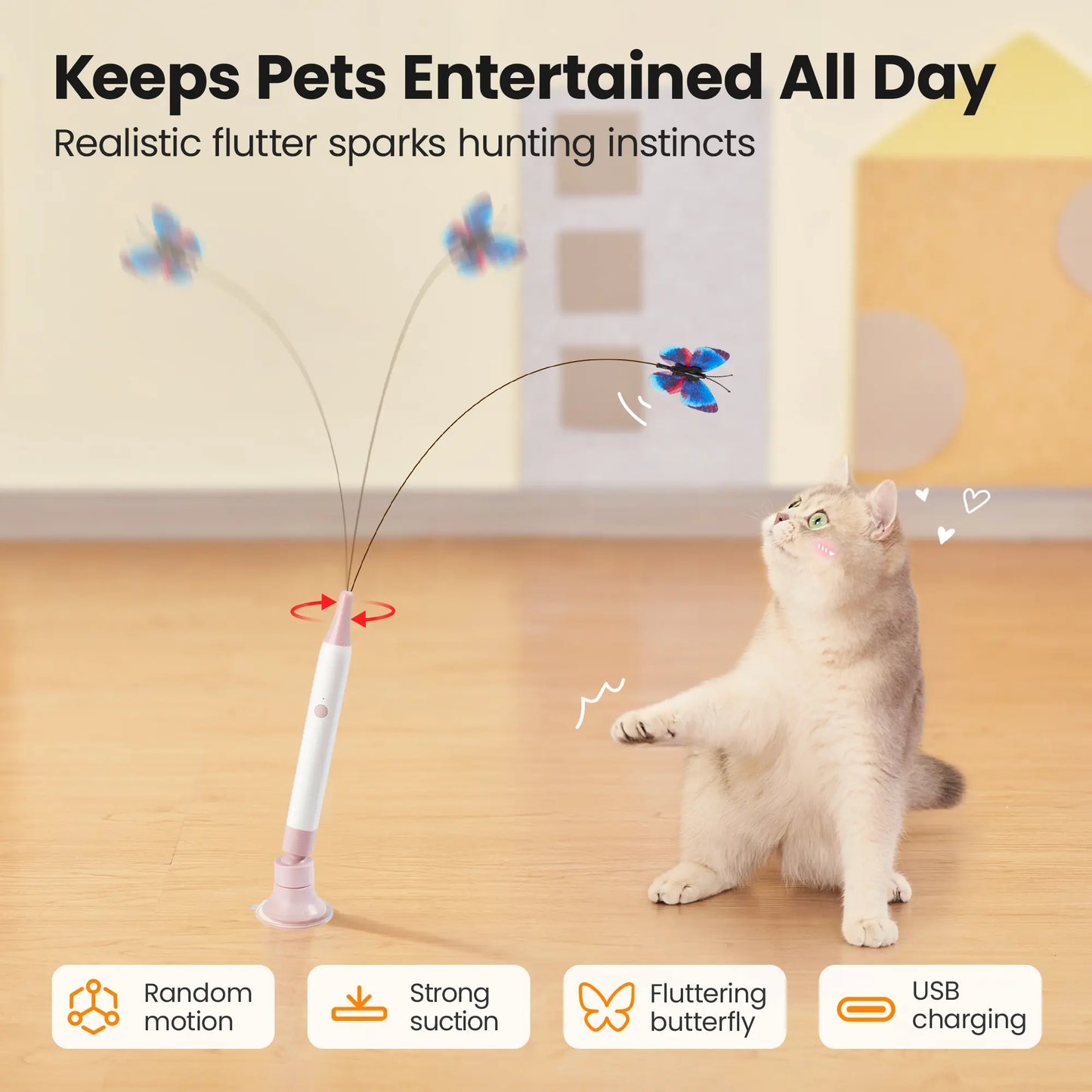 Potaroma Touch-Activated Rechargeable Electric Butterfly Cat Wand - Interactive USB Toy with Suction Cup for Cats and Kittens