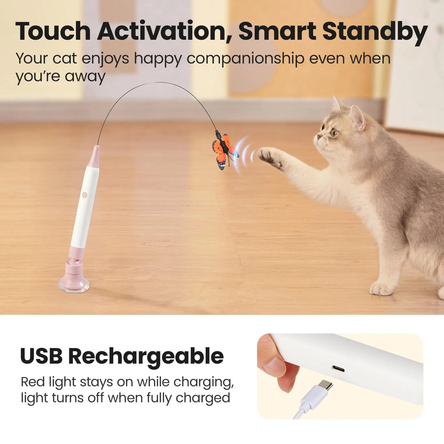 Potaroma Touch-Activated Rechargeable Electric Butterfly Cat Wand - Interactive USB Toy with Suction Cup for Cats and Kittens