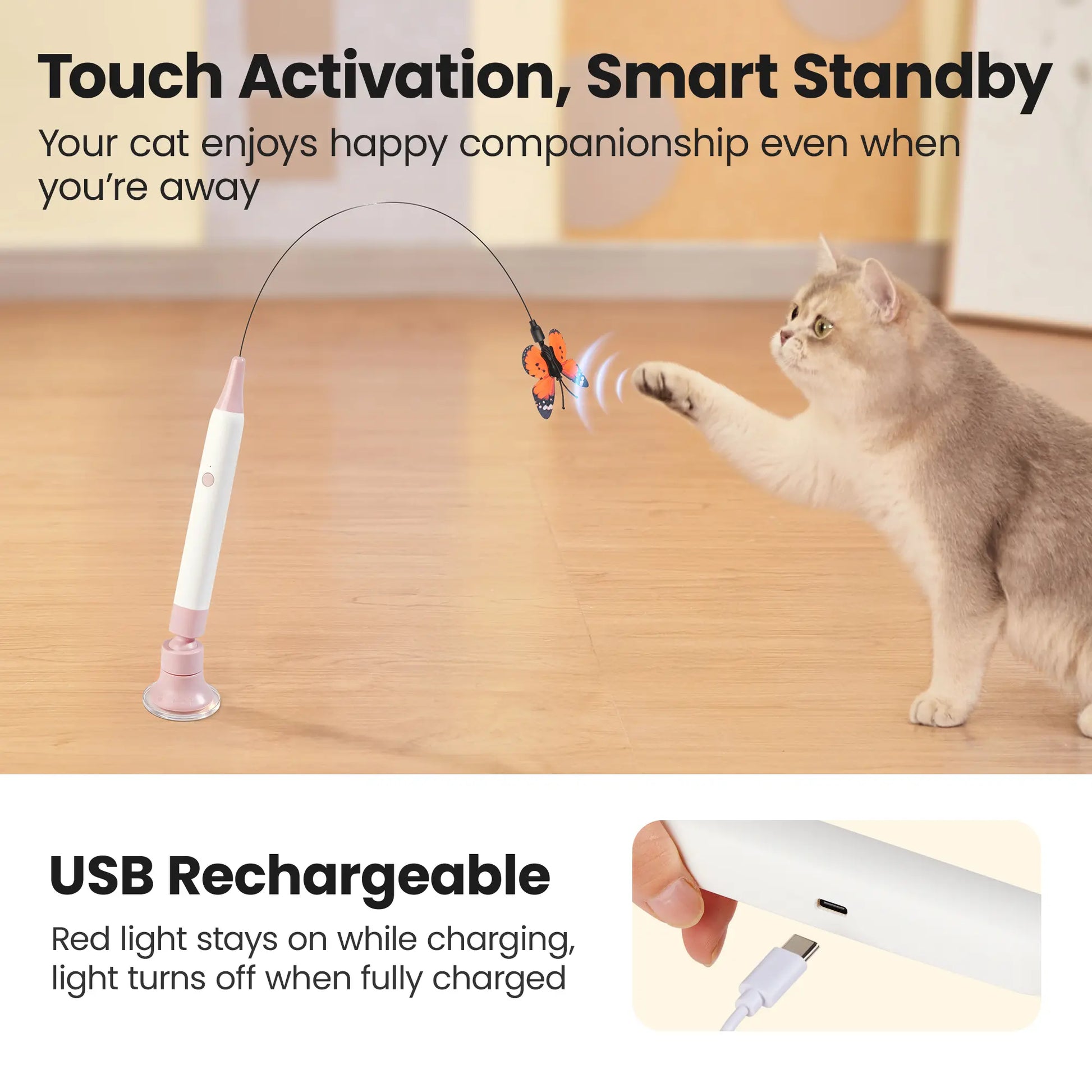 Potaroma Touch-Activated Rechargeable Electric Butterfly Cat Wand - Interactive USB Toy with Suction Cup for Cats and Kittens